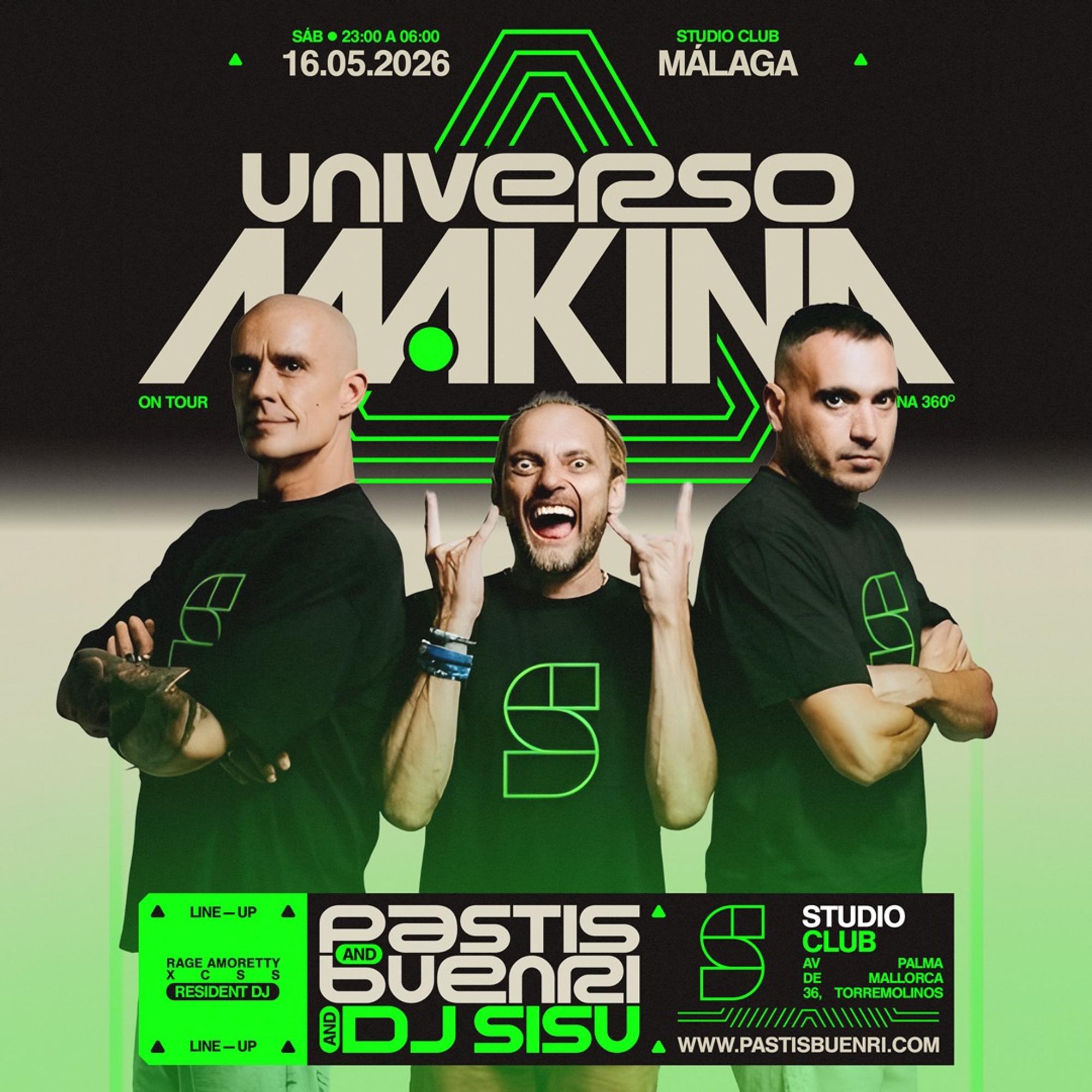 Pastis, Buenri und DJ Sisu stehen gemeinsam auf dem offiziellen Artwork von Universo Makina.