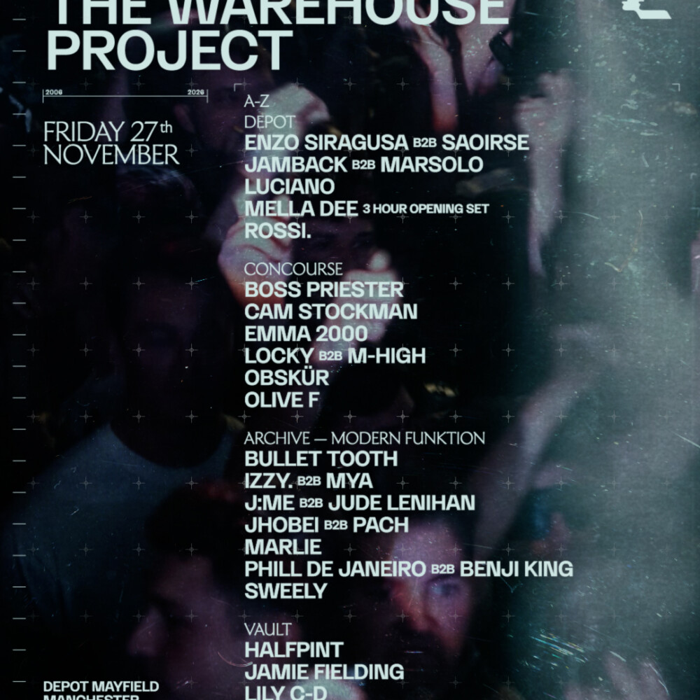 Offizielles Artwork zum 20-jährigen Jubiläum von The Warehouse Project mit Line-up und Datum 27. November.