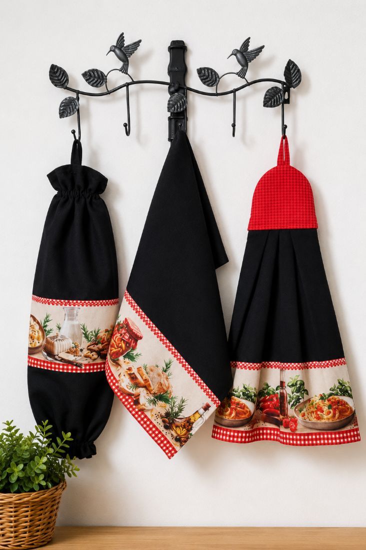 Kit organizador de sacola + pano de prato + bate-mão · 3 peças · 100% algodão