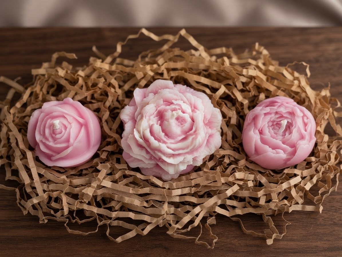 Gift set of pink peony and rose scented candles in a natural box