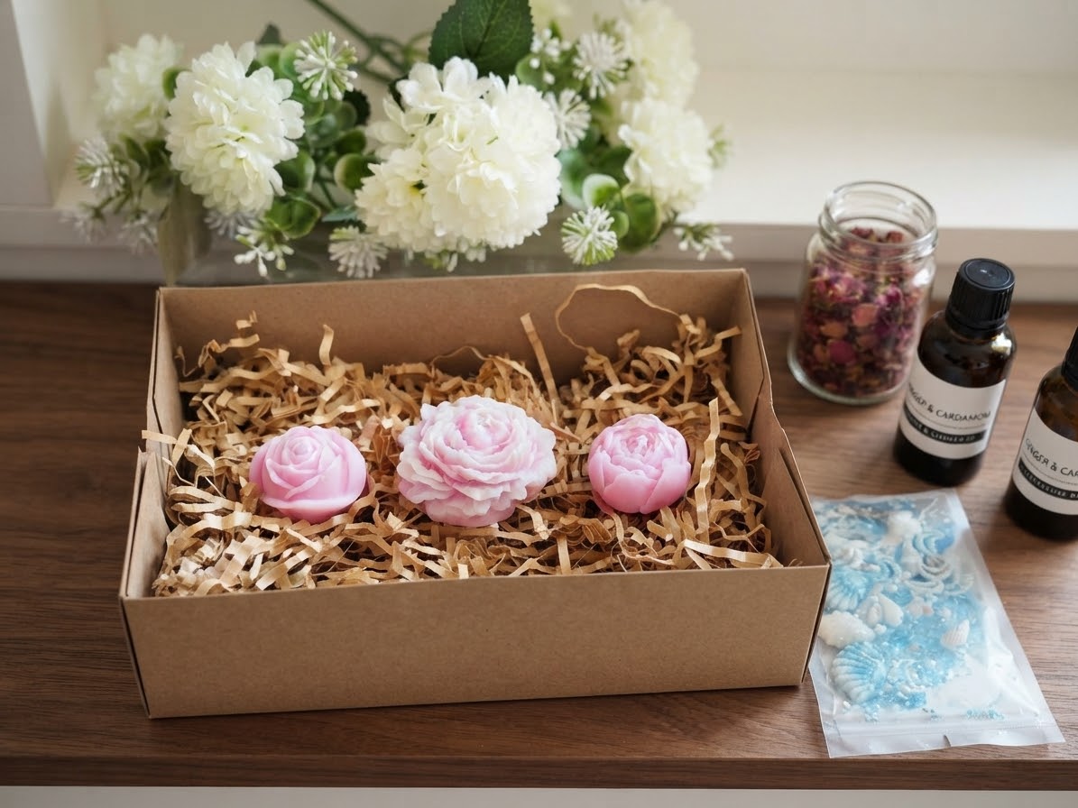 Blooming peony candle of natural wax, close up