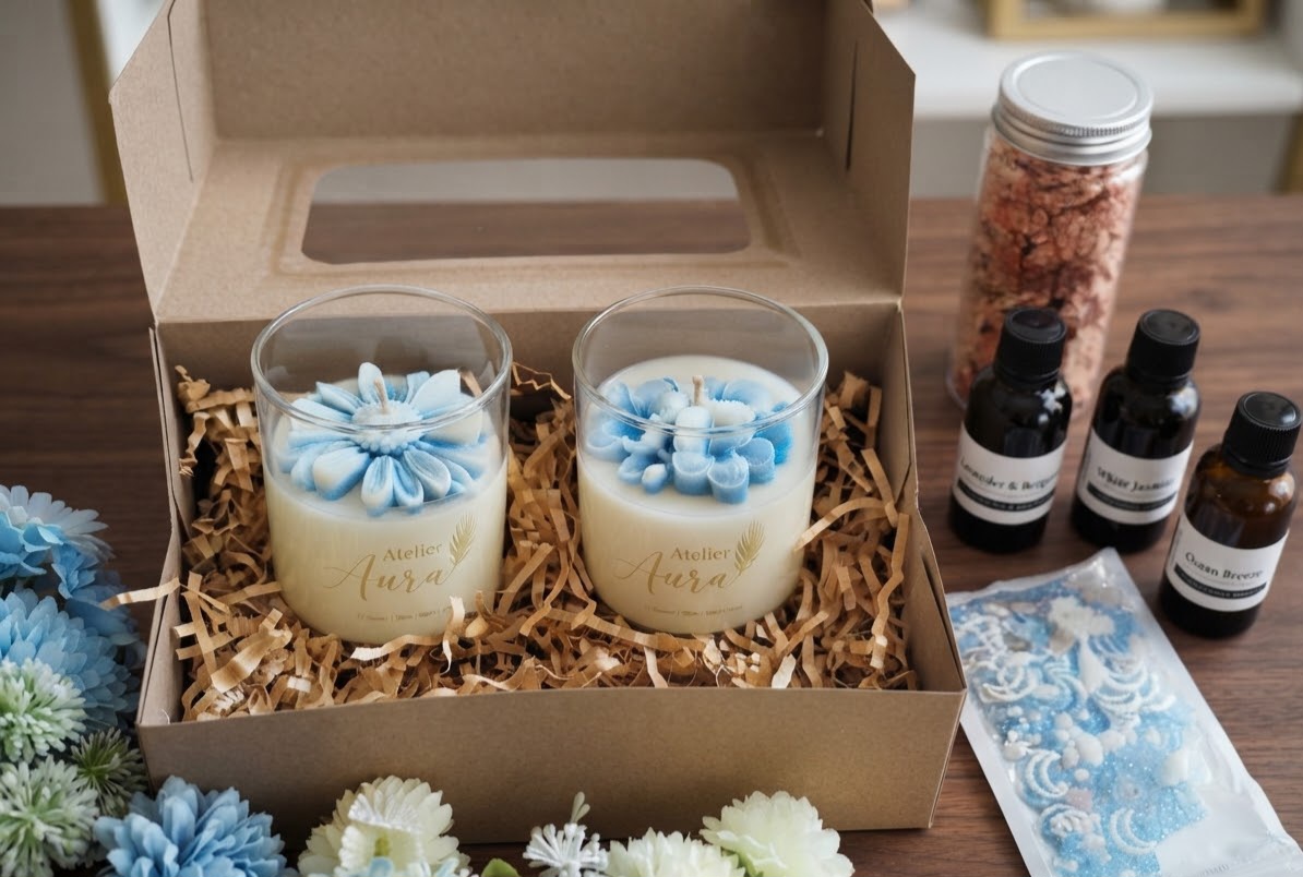 Set of two scented glass candles with a blue wax flower