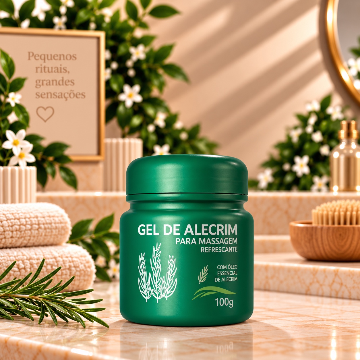 Two natural cosmetic bottles grouped together on sage green backdrop, warm rim light, soft shadow, square, small kit fee