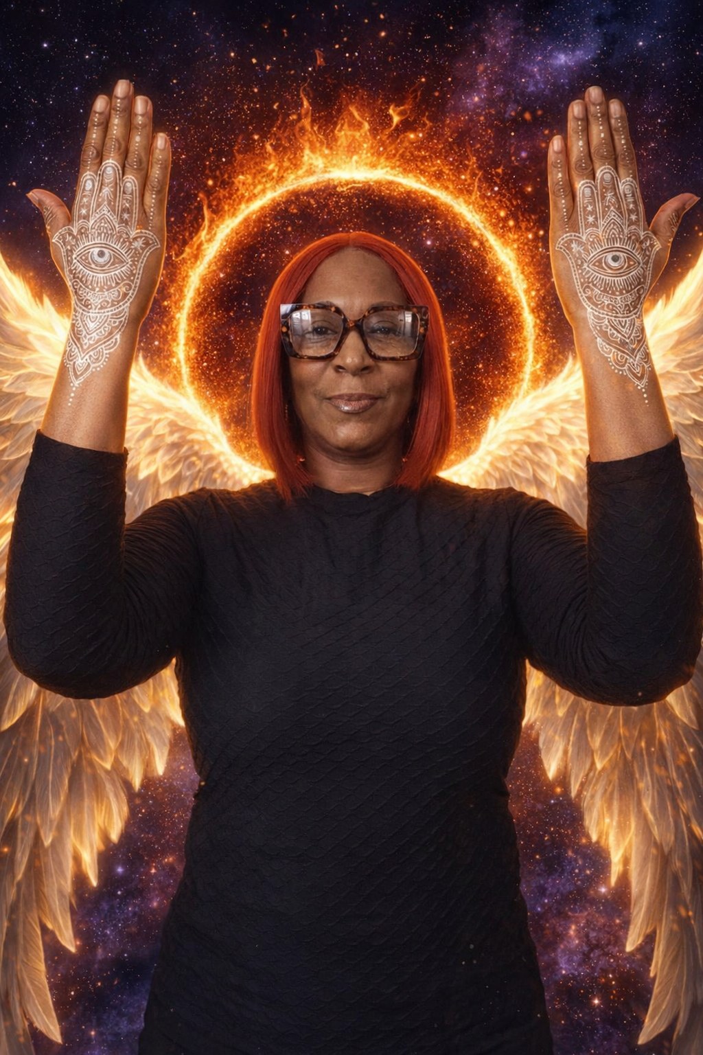 Marcia Curtis with luminous angel wings and a circle of fire, against a deep purple galaxy sky, palms raised to show her white henna eye designs.