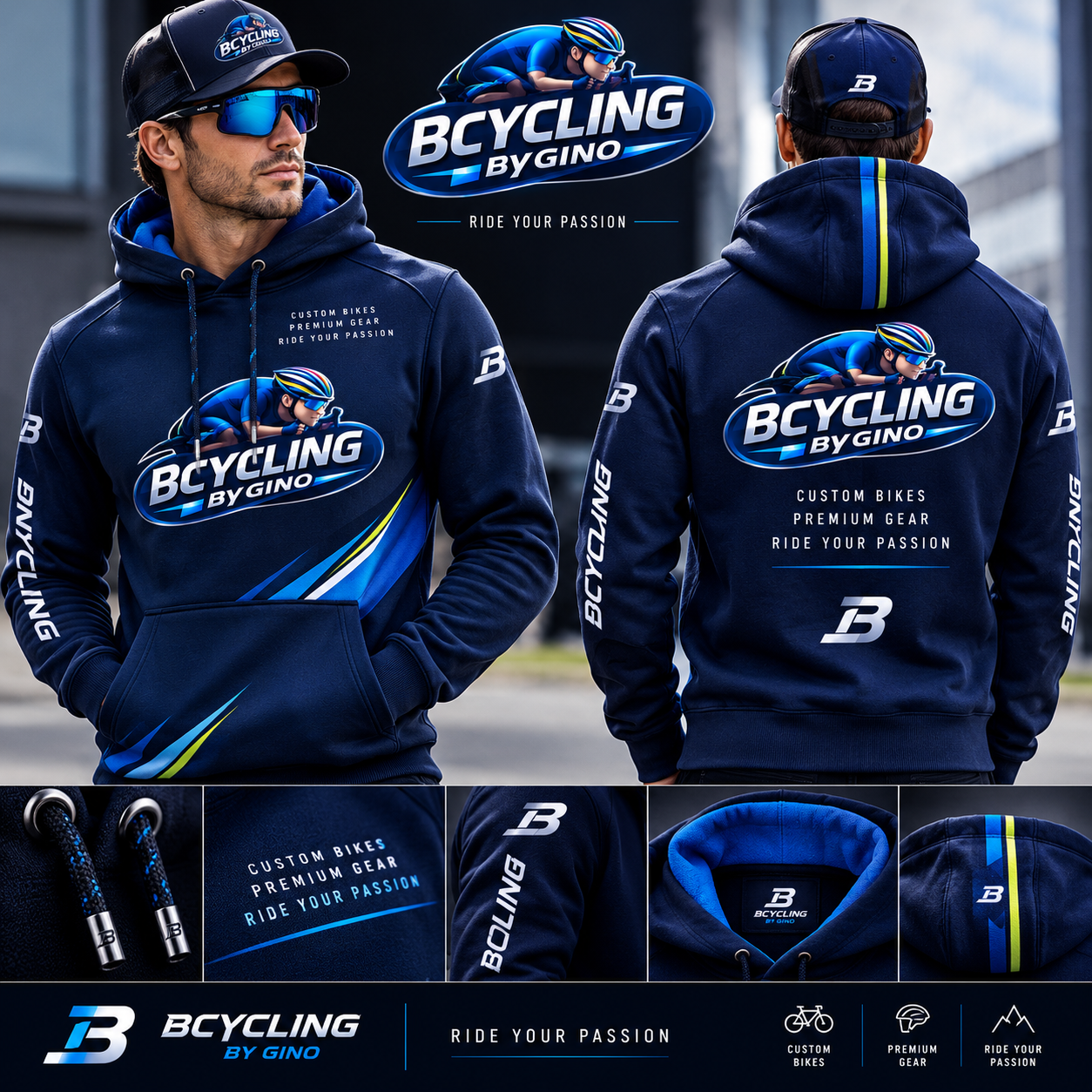 Donkerblauwe BCYCLING by GINO hoodie met groot full‑colour logo op borst en rug, contrasterende blauwe en gele strepen op capuchon en verschillende detailfoto's (koordjes, label, sleeve).
