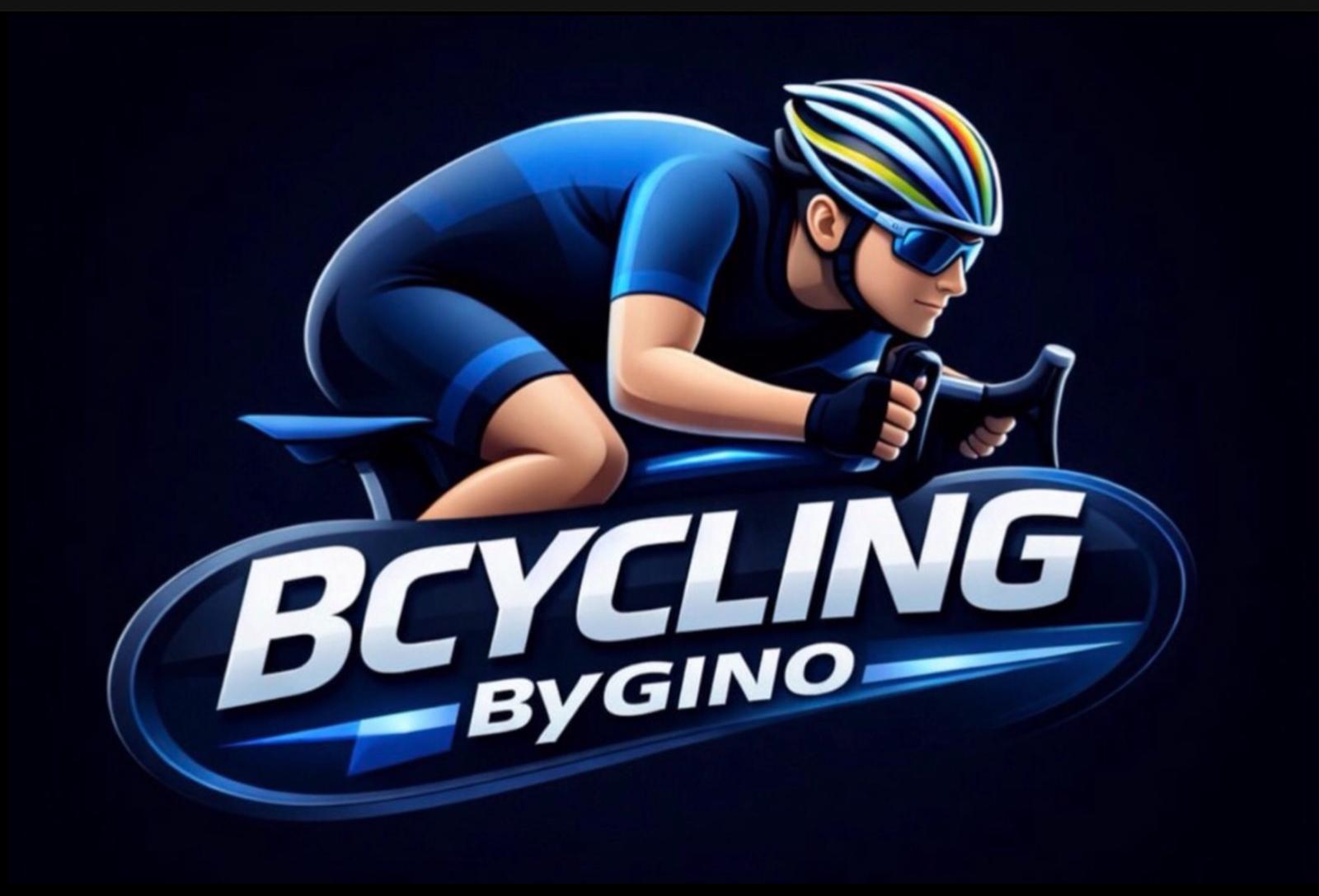 Gestileerde illustratie van een wielrenner in blauw tenue met helm en zonnebril, boven een glanzend ovaal frame met de tekst “BCYCLING” en “BYGINO” op een donkerblauwe achtergrond.