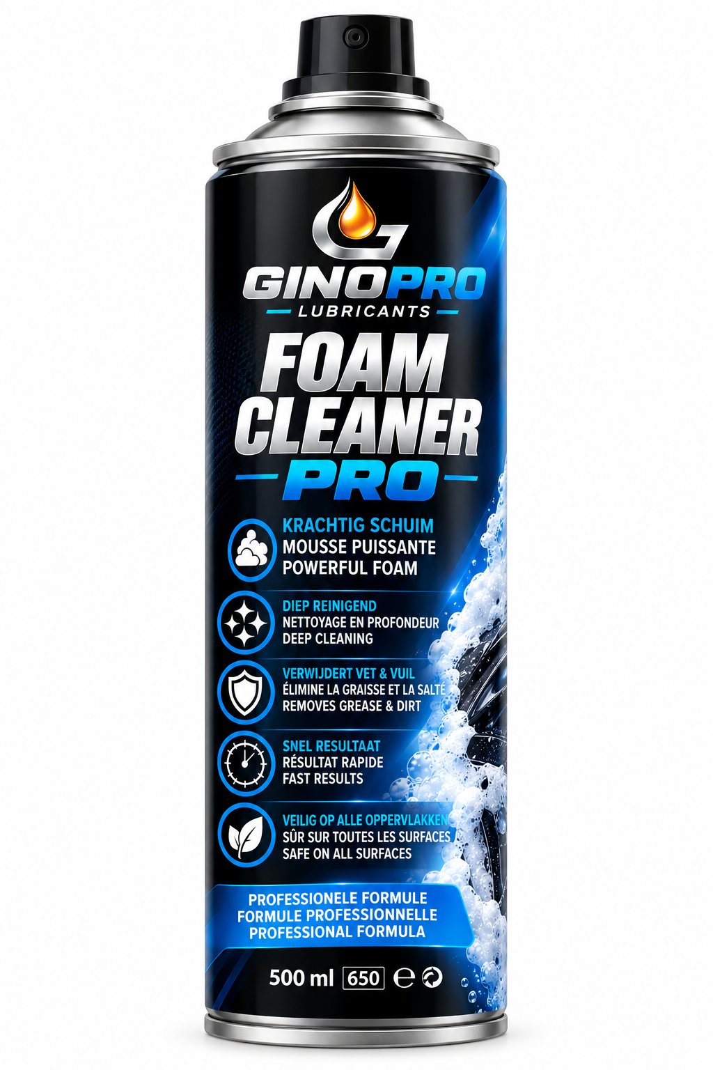 Voorzijde van een GINO PRO Foam Cleaner Pro spuitbus — zwart/blauwe verpakking met logo, productclaims in Nederlands/Frans/Engels en inhoudsaanduiding 500 ml.