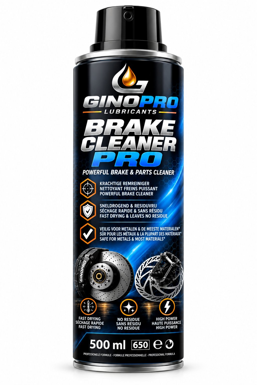 Vooraanzicht van een zwarte GINO PRO 'Brake Cleaner Pro' spuitbus (500 ml) met label, remschijfafbeeldingen en functiepictogrammen.