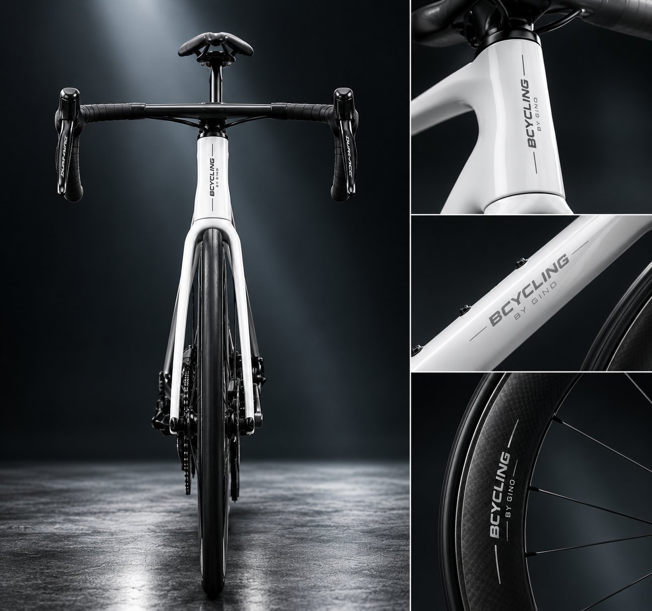 Frontale productfoto van een witte carbon racefiets met drie inset-close-ups (balhoofd, frame met ‘BCYCLING by GINO’-logo en carbon velg).