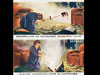 A propaganda set of pictures of a woman tackling an incendiary fire.