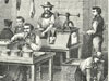 Preparation du fulmi cotton, trempage dans les acides et expression du produit. 
Preparation of cotton fulmi, soaking in acids and expression of the product. A French engraving.