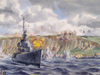 Allied destroyers firing on cliff tops.