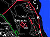Red - A, B & C batteries. The large barracks.
Green - The Verne.