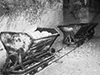 Narrow gauge cement or rubble trucks.