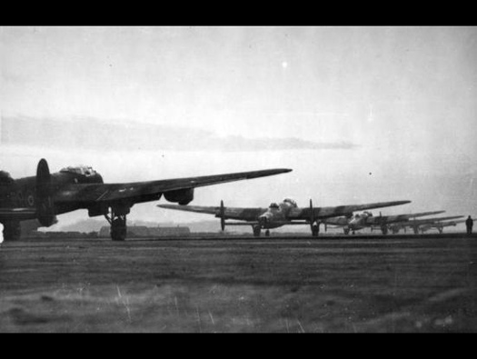 Lancasters waddling along a perimeter track.