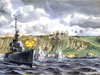 Watercolour by Dwight Shepler, showing the USS Emmons foreground and her sister-ship, the USS Doyle, to the right, within a few hundred yards of the landing beach, mixing it up with German shore batteries on D-Day.