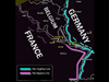 The blue line is the extent of the West Wall and purple the Maginot line.
