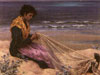 LADY ON BEACH MENDING FISHING NET , 1899