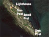 Île du Pilier showing two French gun emplacements, a small fort and the Lighthouse.