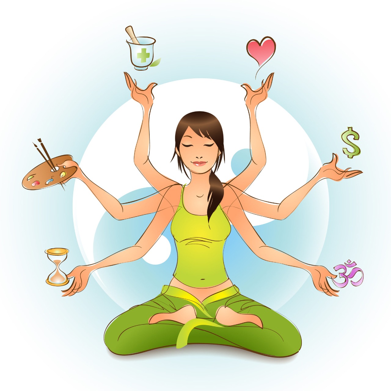 Много медитации. Йога иллюстрации. Эмоциональное спокойствие. Многорукая женщина. Здоровый образ жизни йога.