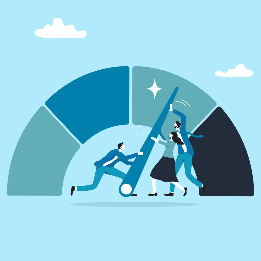 hades of blue, green, and white create image of a woman holding dollar bills in one hand and a credit card in the other. She is sitting on a credit score meter.