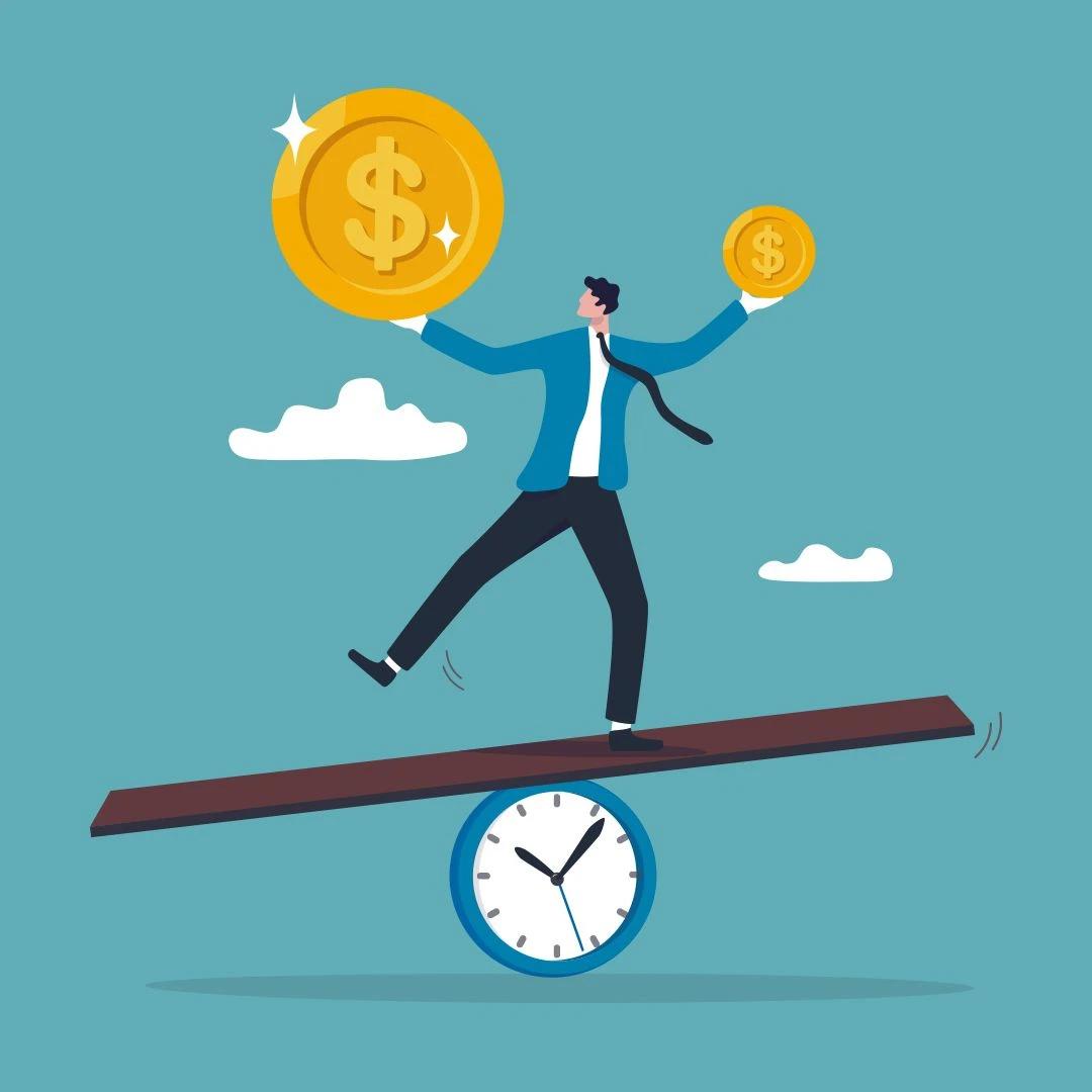 Colors of blue, yellow, black and white illustrate a man on a board balancing on a round clock. He has a large coin in one hand and a smaller coin in the other representing the balance of time and money.