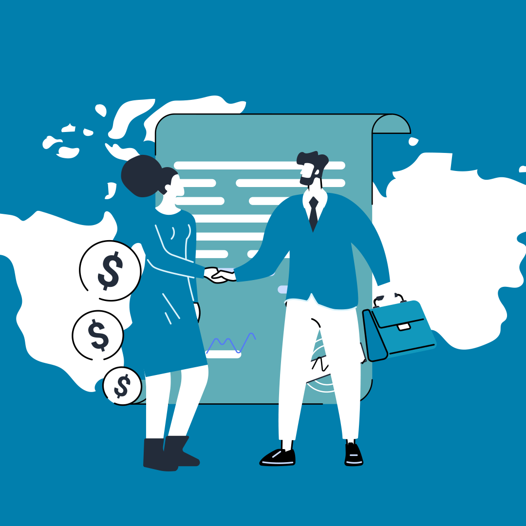 Shades of blue, green, and white. Illustrations of a man and woman shaking hands. Man is holding a brief case, woman has dollar signs floating next to her.