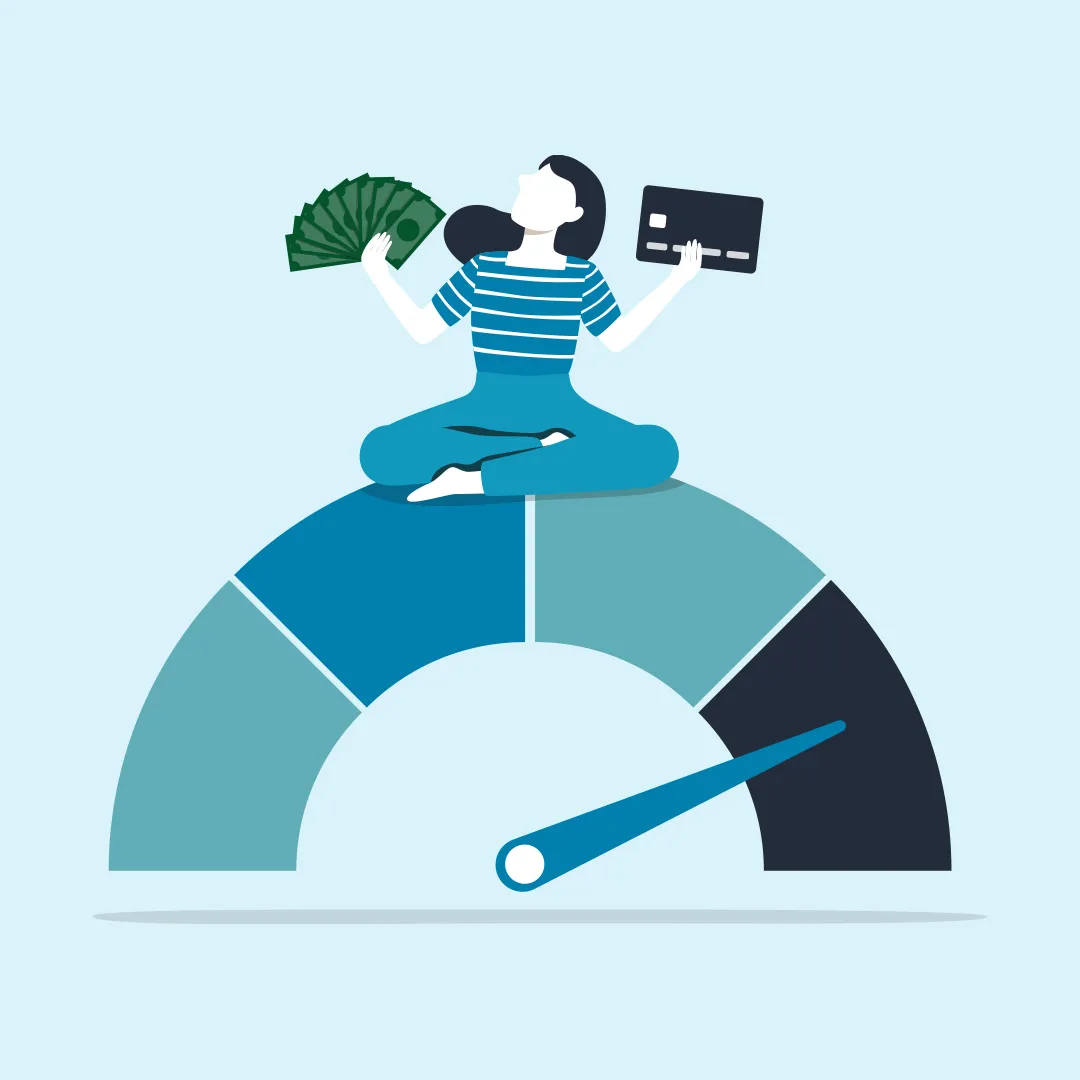 hades of blue, green, and white create image of a woman holding dollar bills in one hand and a credit card in the other. She is sitting on a credit score meter.