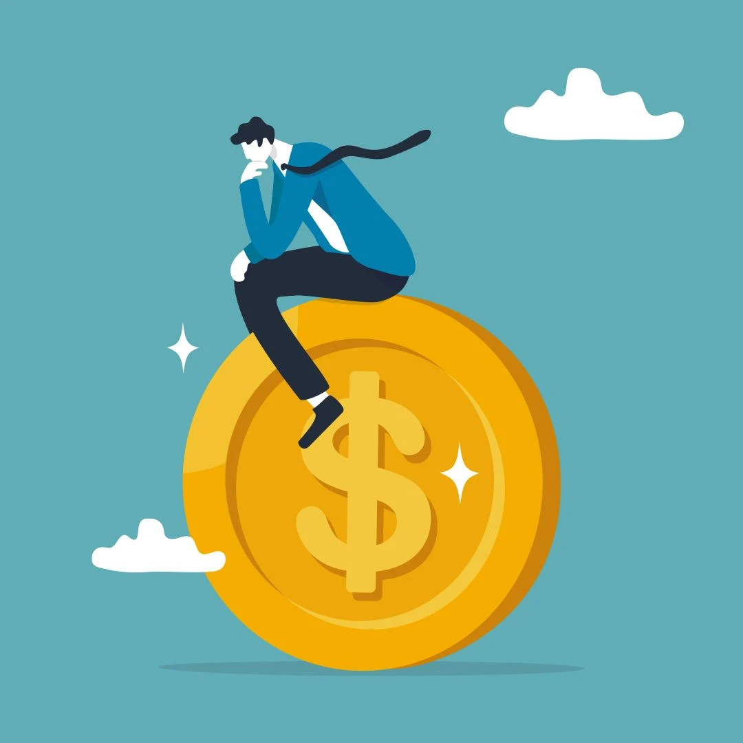 Colors of blue, golden yellow, and white illustrate a large dollar coin with a man sitting and thinking.