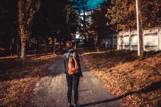 A lone person walking down a gravel path with trees in autumn colours