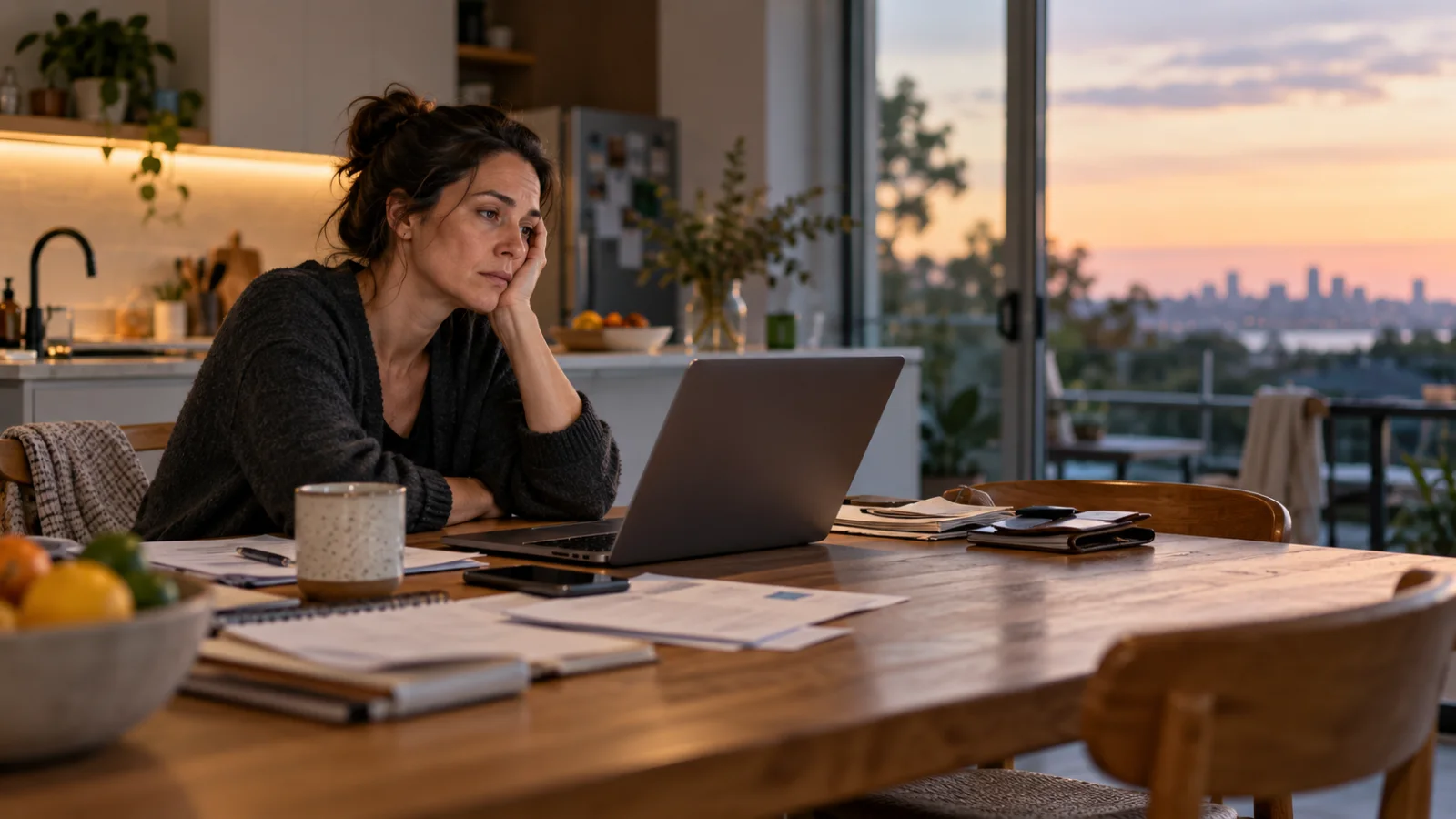 A woman sitting at a dining room table looking drained & confused whilst trying to work