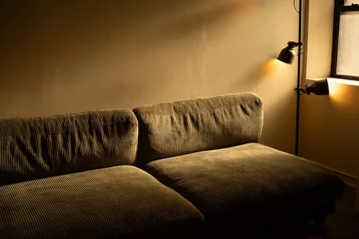 Brown couch in softly lit room