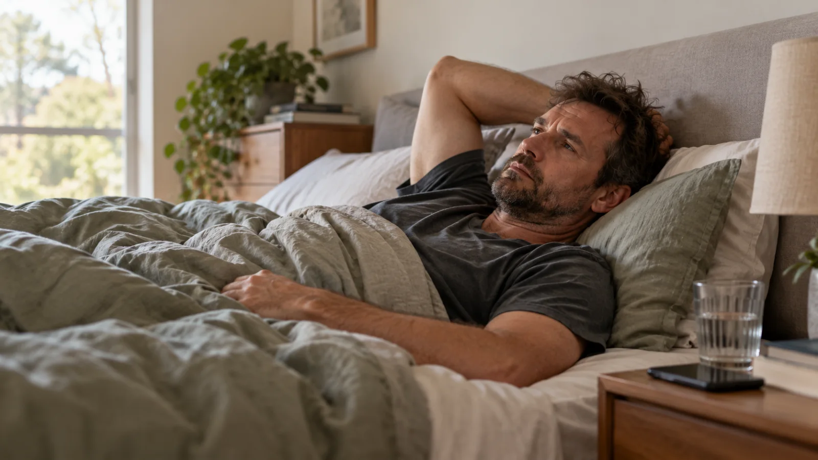 adult lying in bed looking mentally drained & physically exhausted