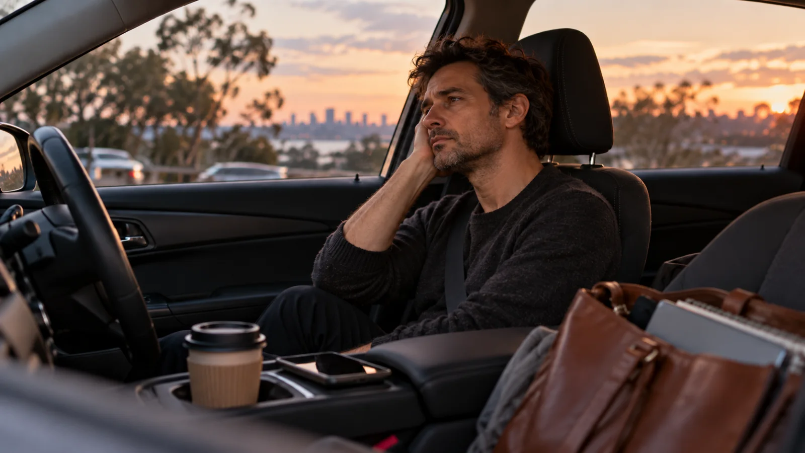 Adult sitting in car after work feeling mentally exhausted and overwhelmed
