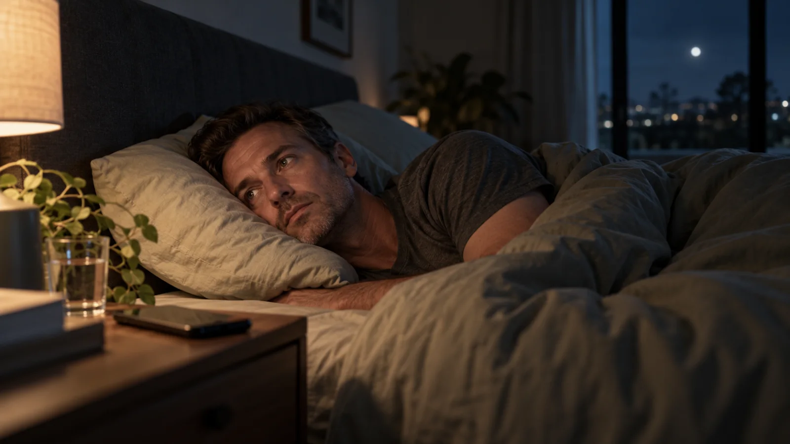 Adult lying awake at night unable to stop overthinking