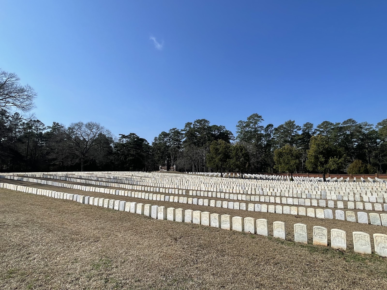 Andersonville National Cemetery Rostrum cemetery grounds and headstones