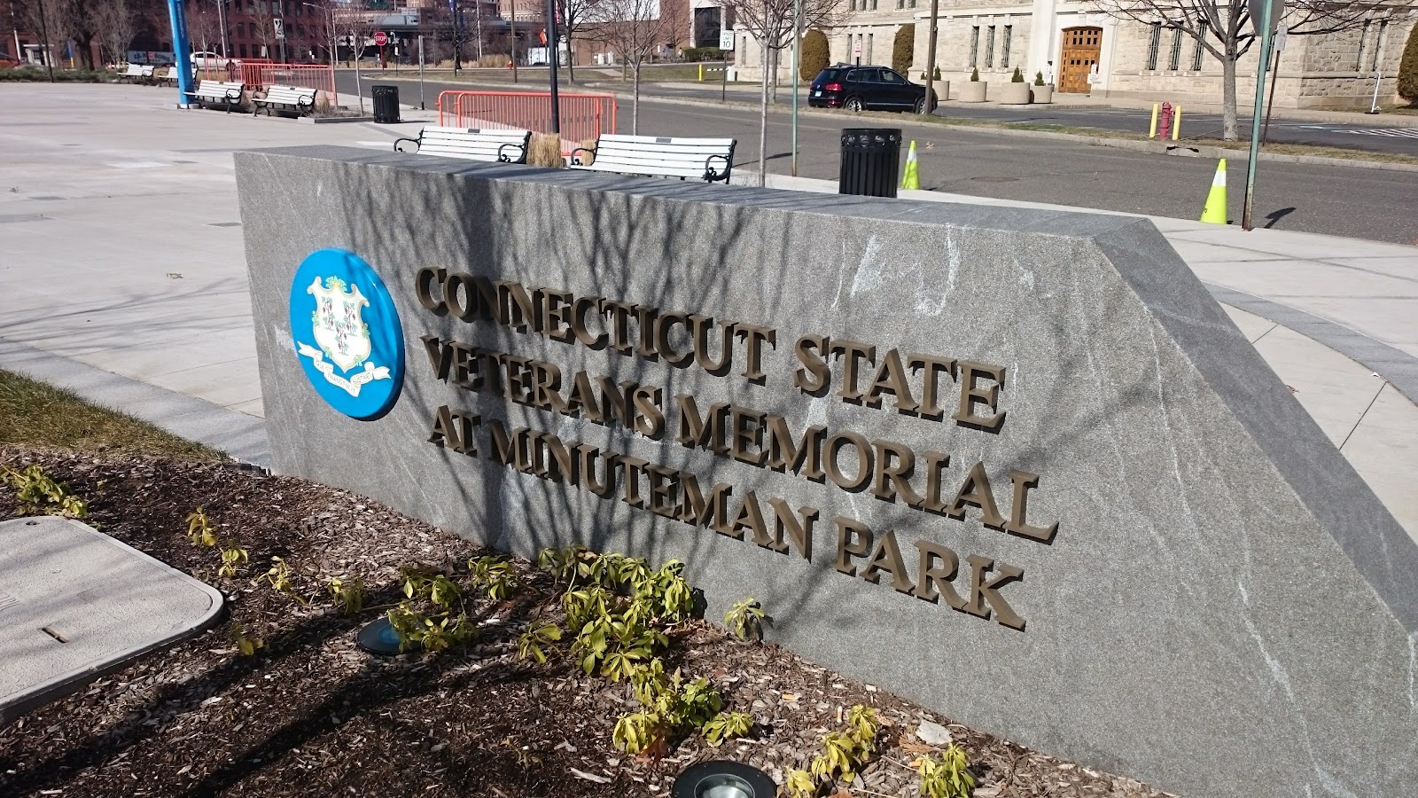 Connecticut State Veterans Memorial at Minuteman Park cemetery grounds and headstones