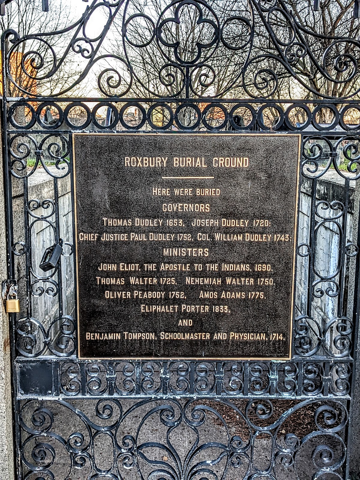 Eliot Burying Ground cemetery grounds and headstones