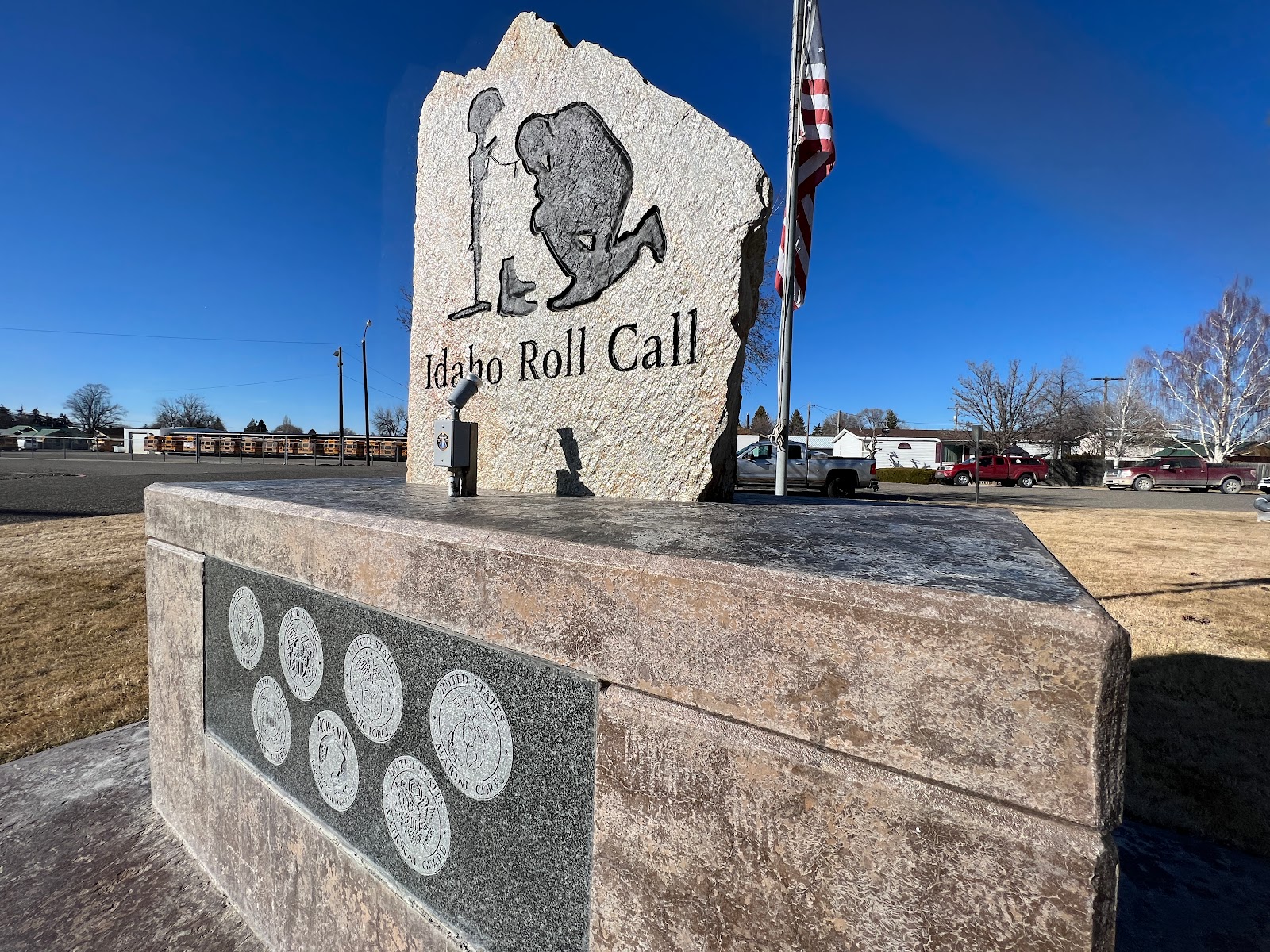 Idaho Roll Call Monument - George Mass Veterans Park cemetery grounds and headstones