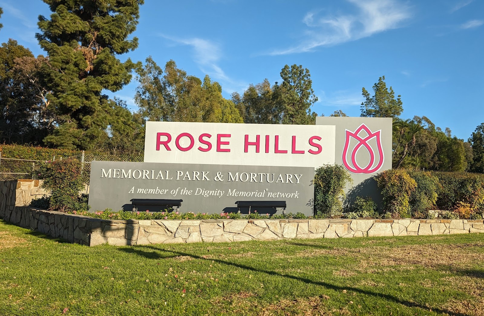 Rose Hills Mortuary cemetery grounds and headstones