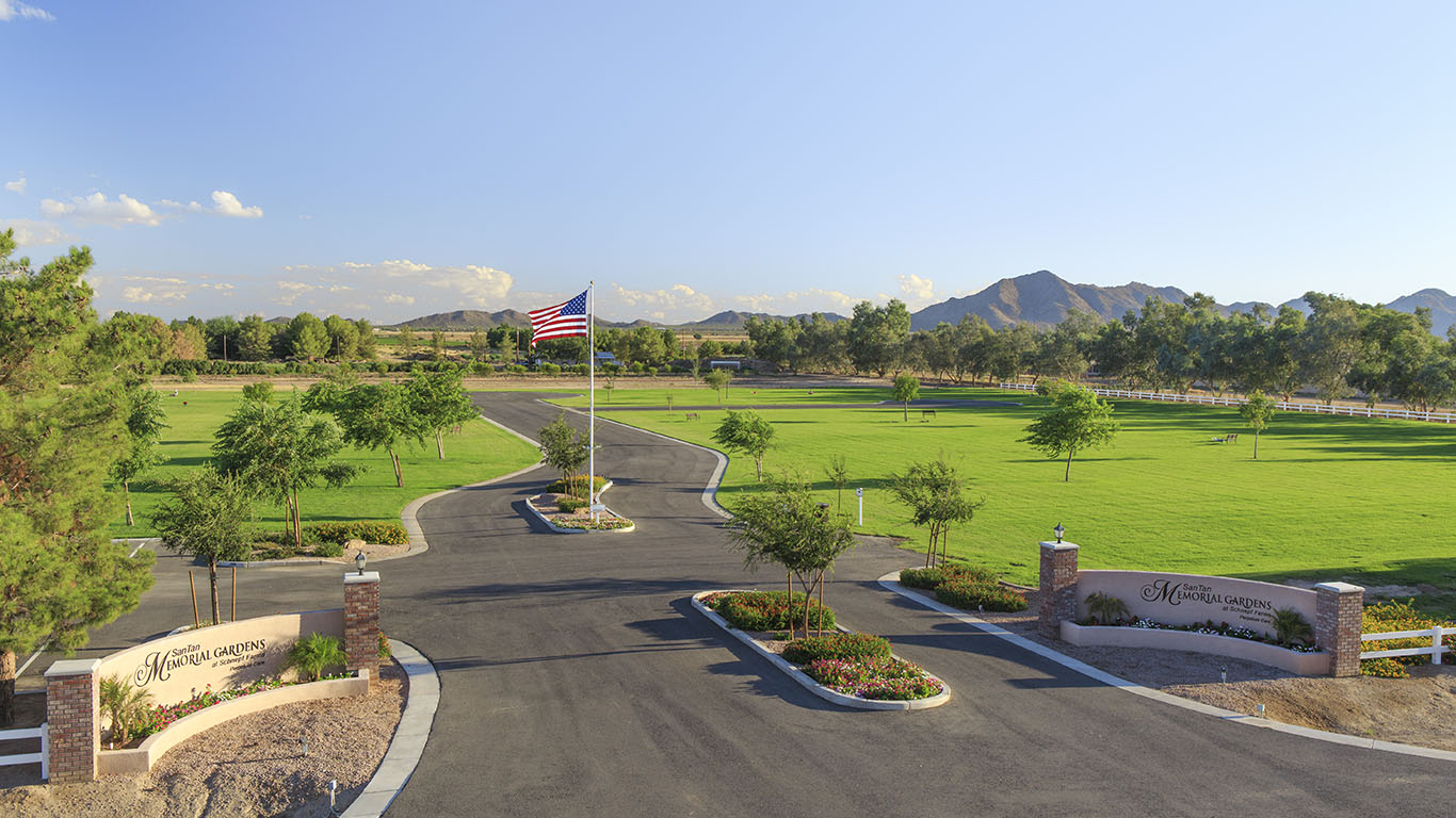 San Tan Memorial Gardens at Schnepf Farms cemetery grounds and headstones