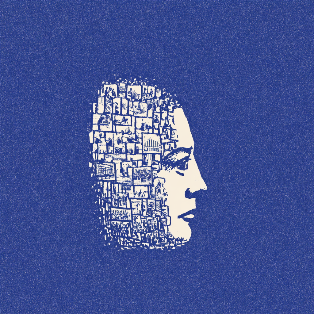 Illustration d'un visage composé de nombreux petits miroirs reflétant l'expérience du monde accumulée par l'IA.