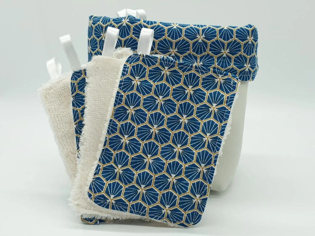 Lingettes lavables « Turquoise » avec Ruban et panière