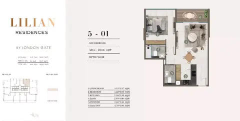 Floor plan, 1 Bed, 698 sq ft