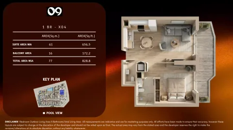 Floor plan, 1 Bed, 828 sq ft