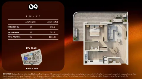 Floor plan, 1 Bed, 1,033 sq ft