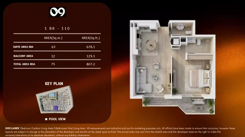 Floor plan, 1 Bed, 807 sq ft