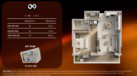 Floor plan, 1 Bed, 850 sq ft