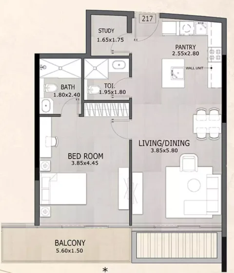 Floor plan, 1 Bed, 829 sq ft