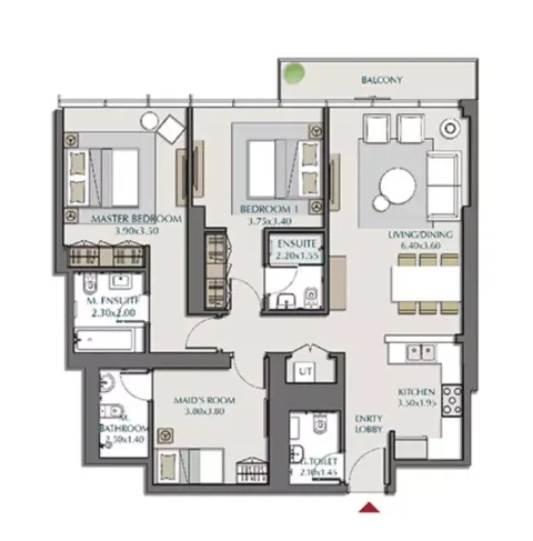 Floor plan, 2 Beds, 1,335 sq ft